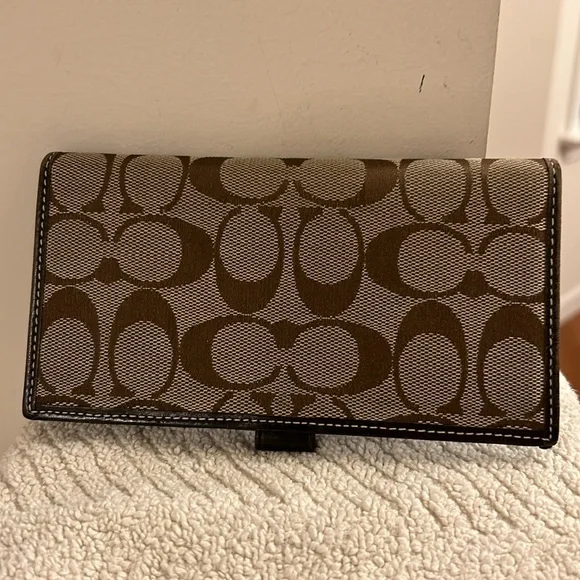 Vintage Coach Brown Signature Checkbook Cover Leather Trim with Pen Loop EUC - Picture 2 of 16